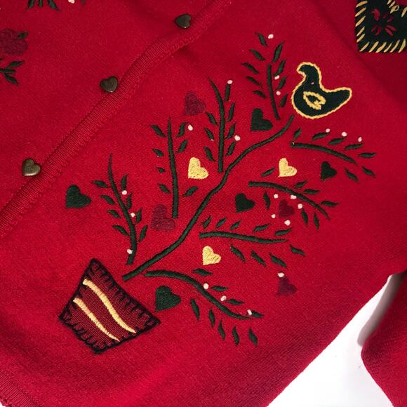 TALBOTS VTG 100% Wool Embroidered Hearts Birds Apple Beaded Cardigan Size L - Picture 11 of 15